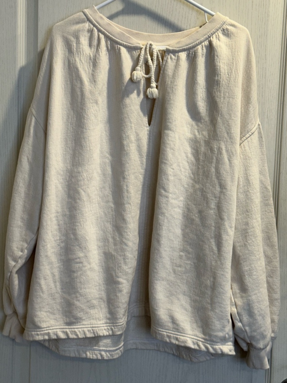 aerie Cream Drawstring Keyhole Sweatshirt with Lantern sleeves